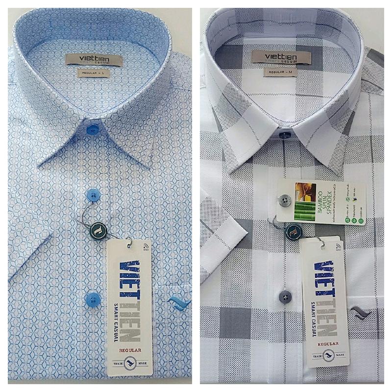 Áo NGẮN TAY VIỆT TIẾN LAI NGANG 2 mẫu, vải cao cấp chất liệu giãn nhẹ chống nhăn, vải tre, màu sáng, phom xuông REGULAR Menswear Sơ Mi