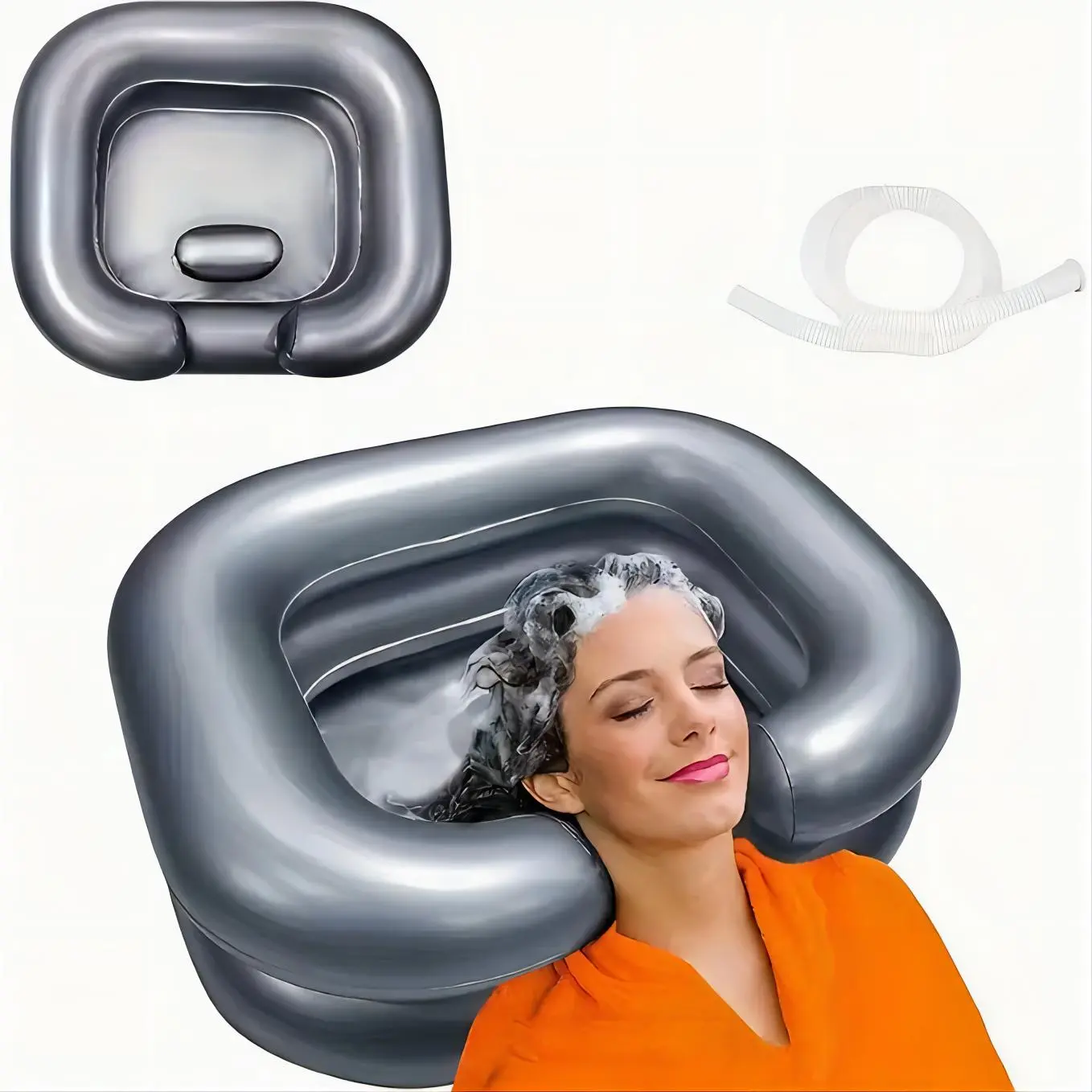 Double Layer Inflatable Hair Wash Basin, 2 Counts Durable Portable Washing Hair Pillow with 40in Drainage Pipe, Soft Shampoo Bowl for Home Bathroom Dormitory Camping,  Bathroom Accessories