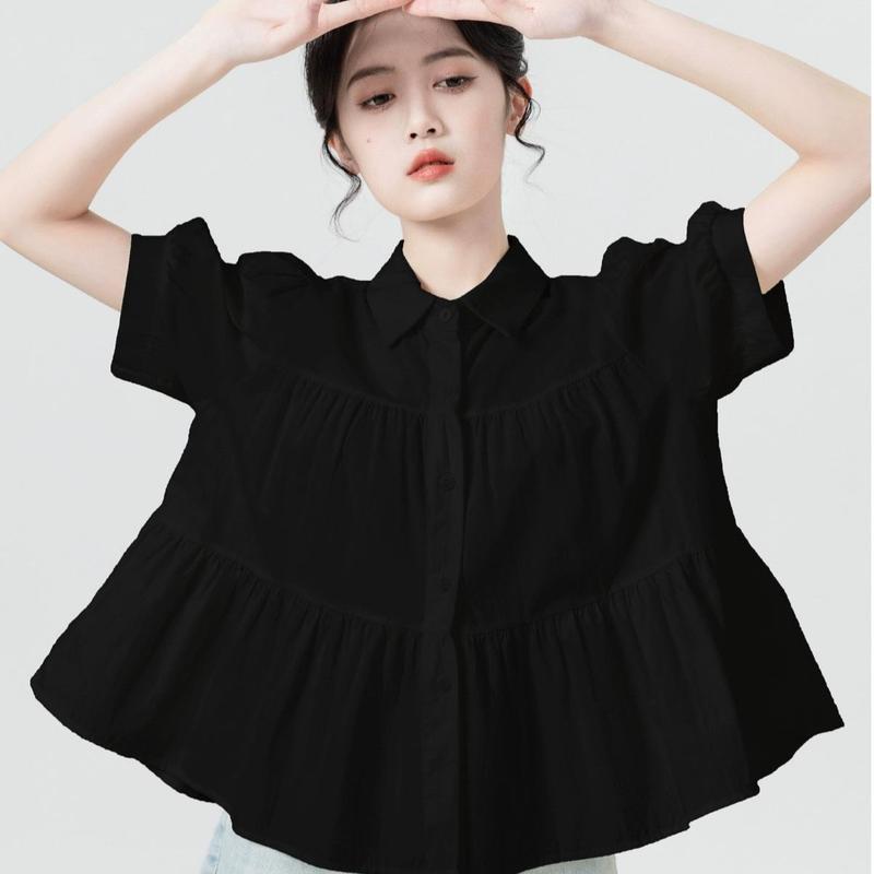 Áo sơ mi nữ , Baby tee ngắn tay Babydoll bánh bèo dễ thương. Phong cách Hàn, chất mát mặc đi làm, đi học, đi chơi đều xinh. Kem somi hot trend Nhung Women Top Shirt