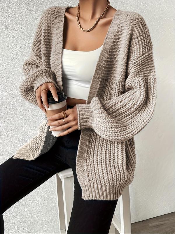 Women's Solid Color Drop Shoulder Long Sleeve Cardigan, Casual Open Front Knitwear for Fall & Winter, Women's Knit Clothing for Daily Wear 3