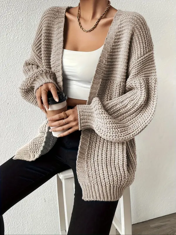 Women's Solid Color Drop Shoulder Long Sleeve Cardigan, Casual Open Front Knitwear for Fall & Winter, Women's Knit Clothing for Daily Wear 3