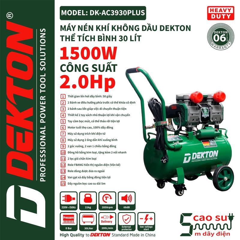 Máy Nén Khí Không Dầu Dekton 2.0HP / DK-AC3930PLUS / Bình 30L / Độ Ồn Thấp /Nạp Hơi Nhanh