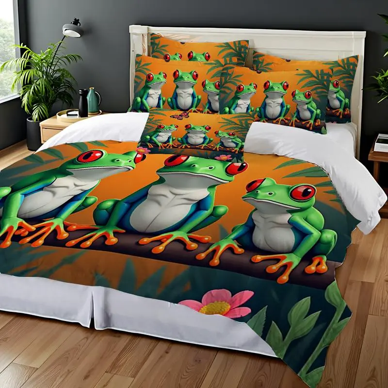 Frog Pattern Bedding Set, 1 Set Including 1 Duvet Cover & 2 Counts Pillowcase without Filler, Soft Comfortable Bedding Set for Home Bedroom 3