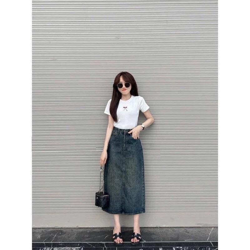  Chân váy jean dài chữ A xẻ tà trước váy bò dáng dài cạp cao dáng tôn dáng V94 - Nữ 
