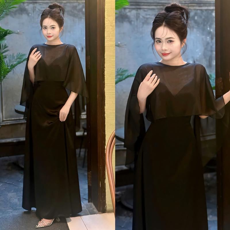 V1927 Đầm Nữ Lụa Thiết Kế EMME 2 Dây Có Mút Dáng Dài Lài Duôi Cá Nhẹ Đầm Kèm Áo Choàng - Thanh Tự Women Voan Kem