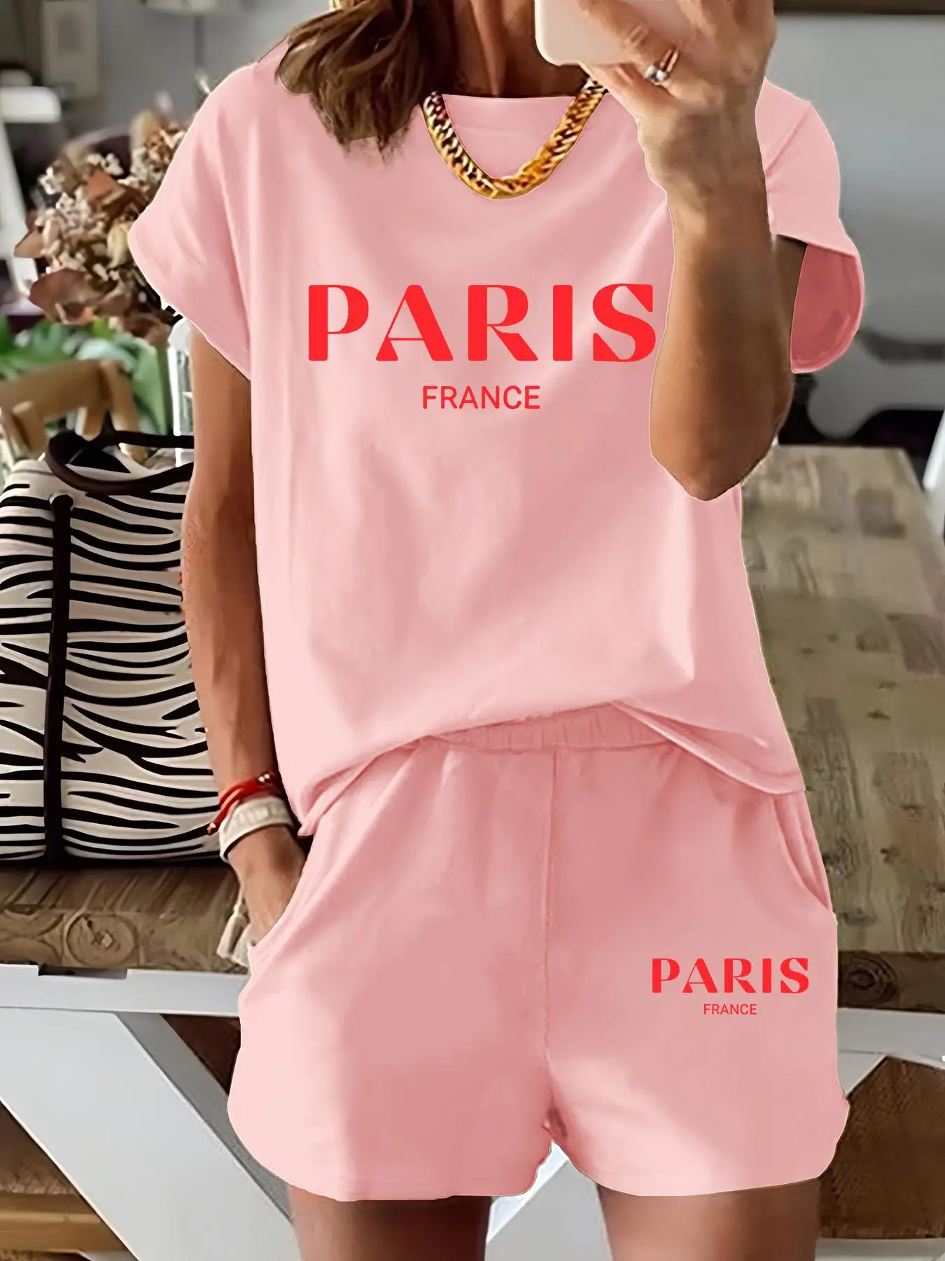 Women's Letter Print Tee & Shorts Set, Casual Short Sleeve T-shirt & Shorts, Ladies Summer Clothes for Daily Wear