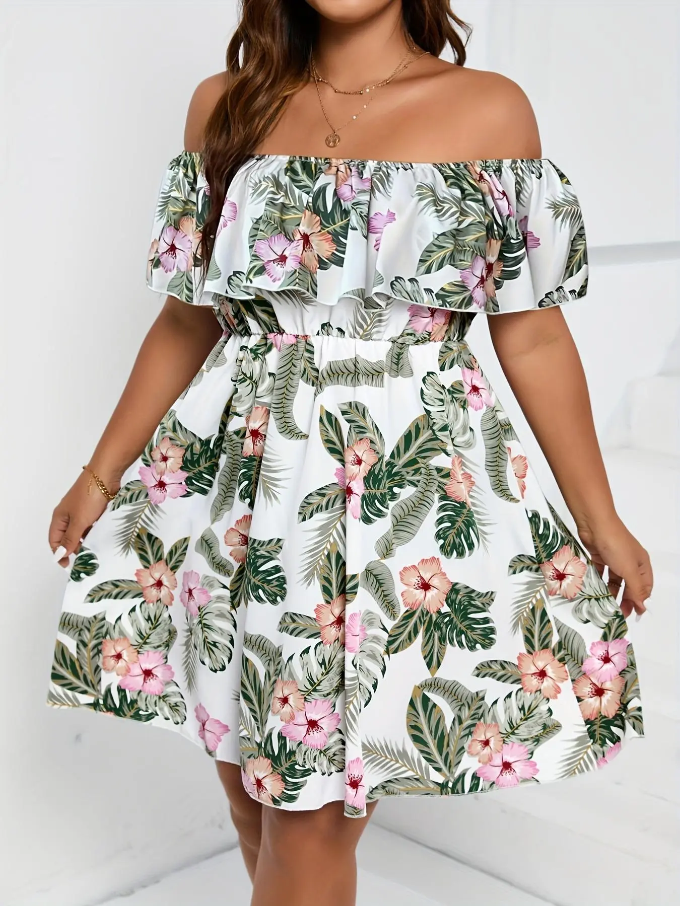 【Plus Size】 Floral Print Off The Shoulder A Line Dress, Boho Short Dress for Daily Holiday Vacation Wear, Women Plus Size Clothing for Summer, Summer Dresses 2025