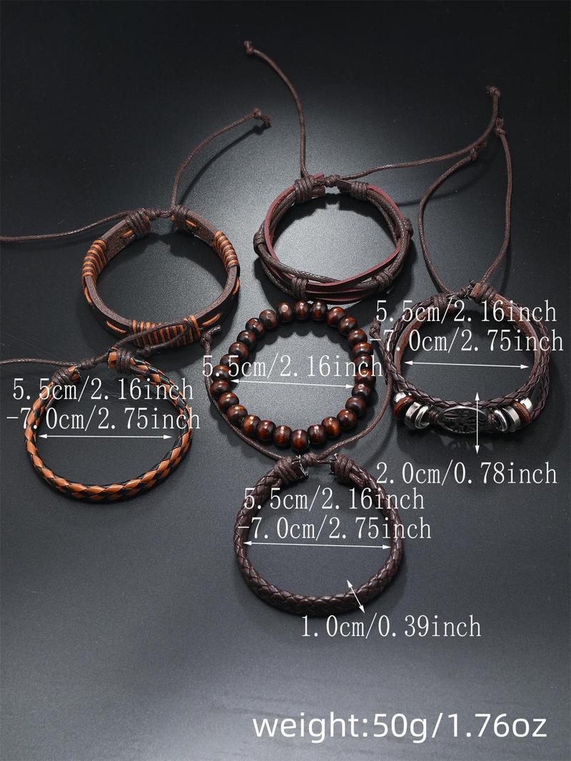 Product Introduction of Men's Vintage Adjustable Bracelet Set (6counts/set), Beaded & Braided & Hollow Out Tree Design for Party, Daily Birthday Gift 1