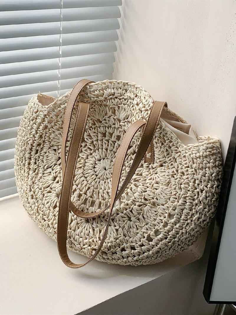 Product Introduction of Women's Solid Color Straw Bag, Fashionable Large Capacity Shoulder Bag for Daily Used, Casual Trendy Versatile High-quality Daily Commuting Bag 5