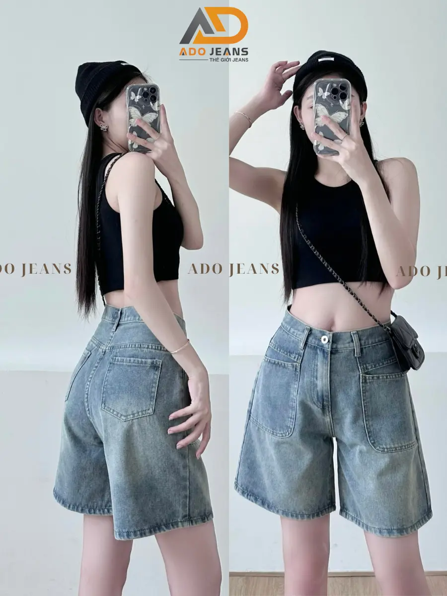 Quần jean ngố nữ lưng cao ống rộng phối túi trước cá tính (S27)