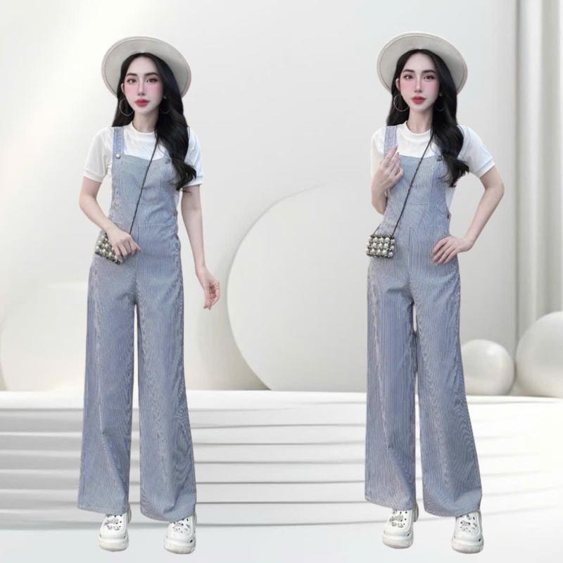 Quần yếm thiết kế CRAZYTEEN S5880 dành cho nữ kiểu dáng suông form rộng dây bản gài tạo kiểu để đi chơi ( Quần yếm sọc/ Áo thun )