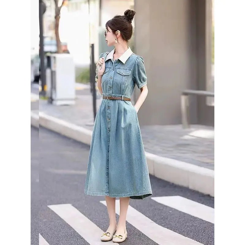 Đầm Denim, Phong Cách Cổ Điển, ngắn Tay, Dành Cho Nữ, Mỏng, Thích Hợp Cho Mùa Hè 2