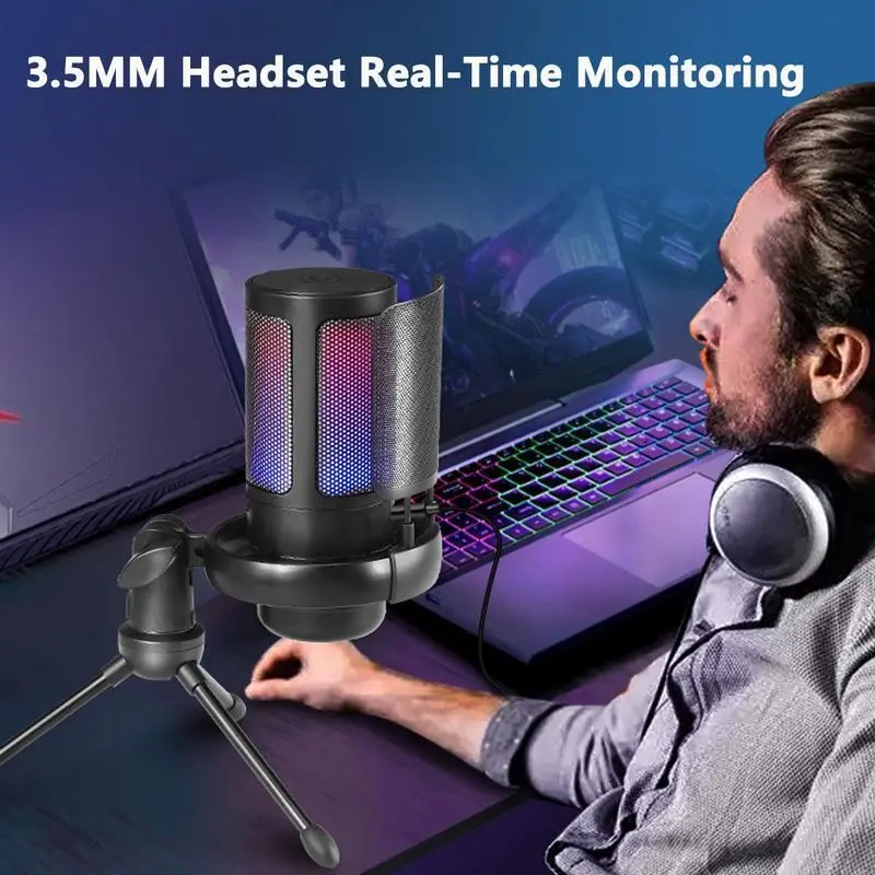 USB Streaming Gaming Mic, USB Plug Computer Microphone with Adjustable RGB Modes & Brightness, Quick Mute, Gain Control, for Podcasting, Recording 6