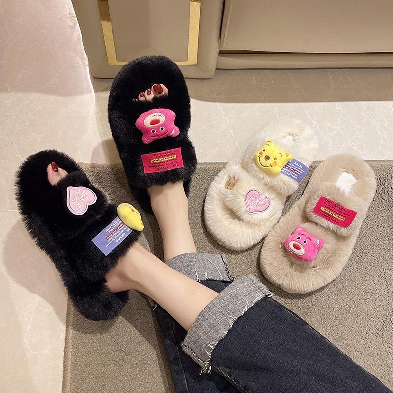 Dép lông quai ngang nữ  Dép Lê đế dày lông gắn sticker gấu xanh dễ thương sang xịn DP24.1 DéP Slipper Women Có Quai 