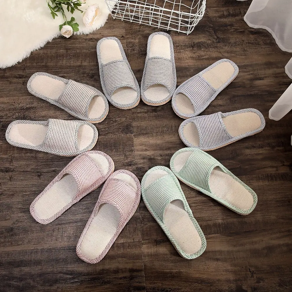 Comfortable Non Slip House Linen Slippers Striped Flax Home Slippers Silent Guest Use Indoor Slippers Men Women