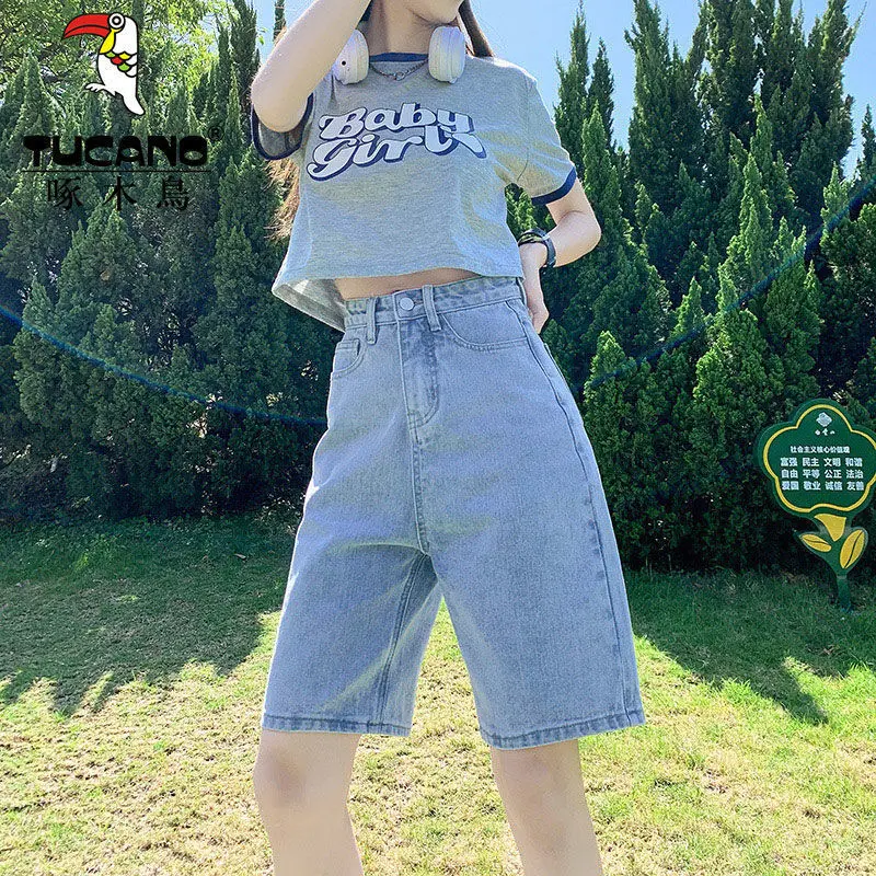Celana Kaki Lebar Longgar Baru Musim Panas Celana Pendek Denim Pinggang Tinggi Celana Lurus Baru Pelajar Slim-Fit Wanita/Q043 7