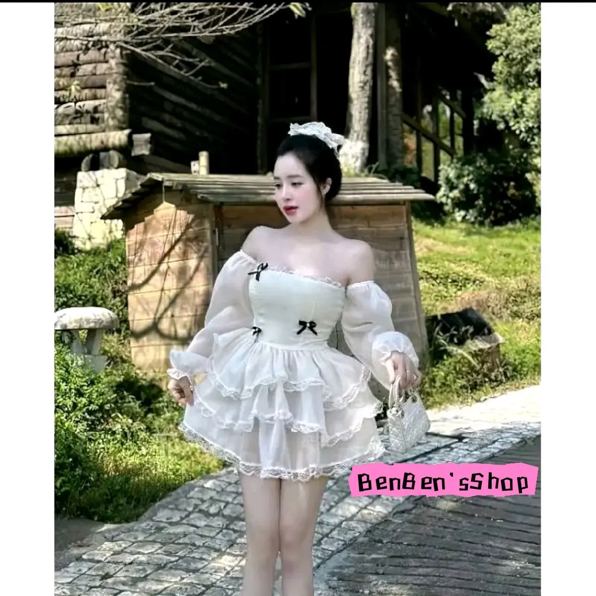 đầm trễ vai vải voan tơ xòe tầng có đính nơ xinh xắn Nữ Women Dress