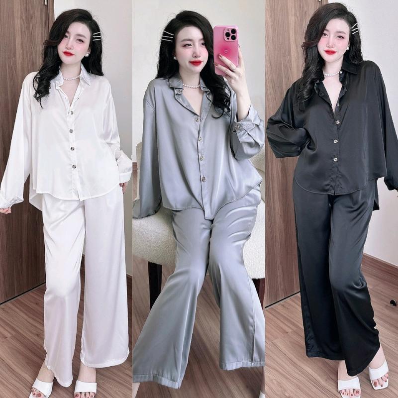 Đồ bộ nữ pyjama Áo sơ mi nữ tay dài quần dài có túi lụa Latin màu trơn sang trọng mặc mùa hè Women Trắng