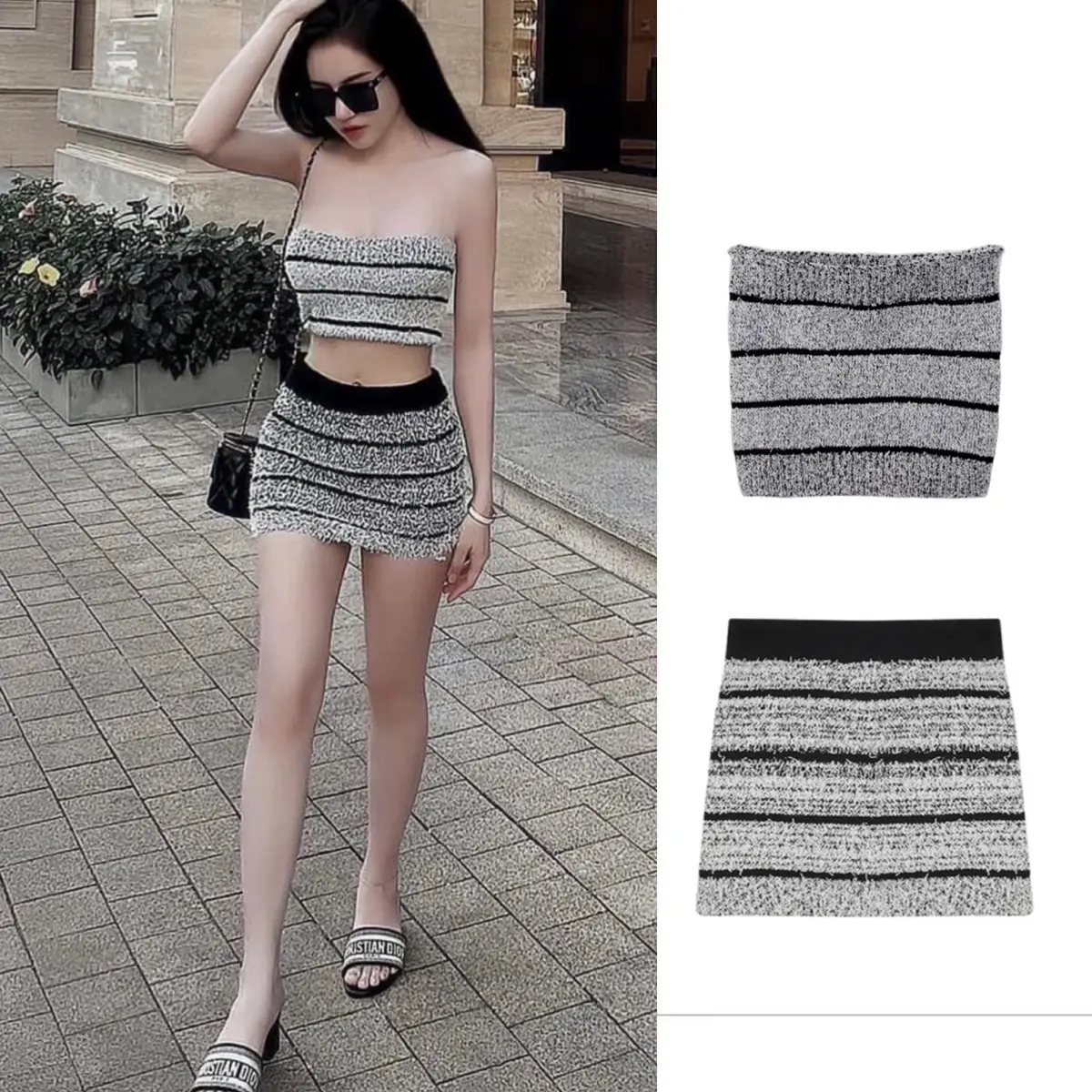 Set Áo Ống Chân Váy Ngắn Phối Sọc Xinh Xắn Thời Trang Áo Croptop Trễ Vai Dáng Ôm