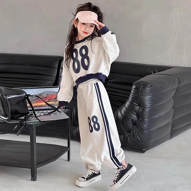 Bộ đồ (QUẦN & ÁO) vải nỉ IN SỐ 88 cho MẸ và BÉ, chun bo gấu, 4 MÀU ẤM ÁP: XÁM - HỒNG - XANH THAN-NÂU, size từ 13-52 kg Nữ Voi bộ  thun gái