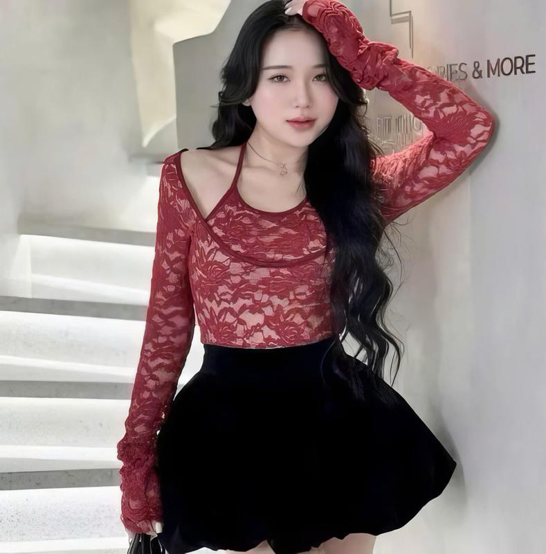 S859 TÁO ĐỎ BIGSIZE 55-90KG SET 2 MÓN THIẾT KẾ BIGSIZE ÁO REN TAY DÀI CỔ YẾM + CHÂN VÁY NHUNG