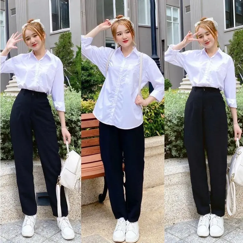 Quần tây baggy đi học nữ dáng dài 1 cúc lưng cao ống đứng Quần vải nữ công sở cạp cao học sinh Loang Thun