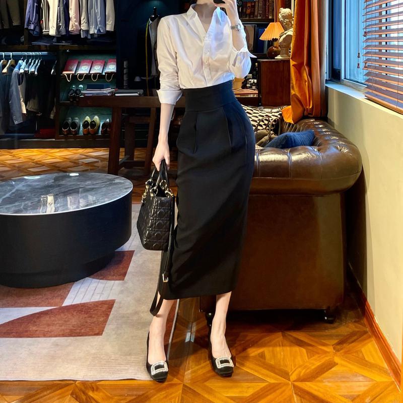 Chân váy bút chì dài cạp cao congai CVDCC vải kate dày co giãn màu đen Nữ