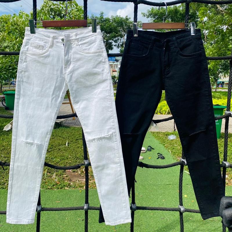 Quần Jeans Nam Co Giãn Trơn - Rách Gối : Trắng - Đen quần jeans