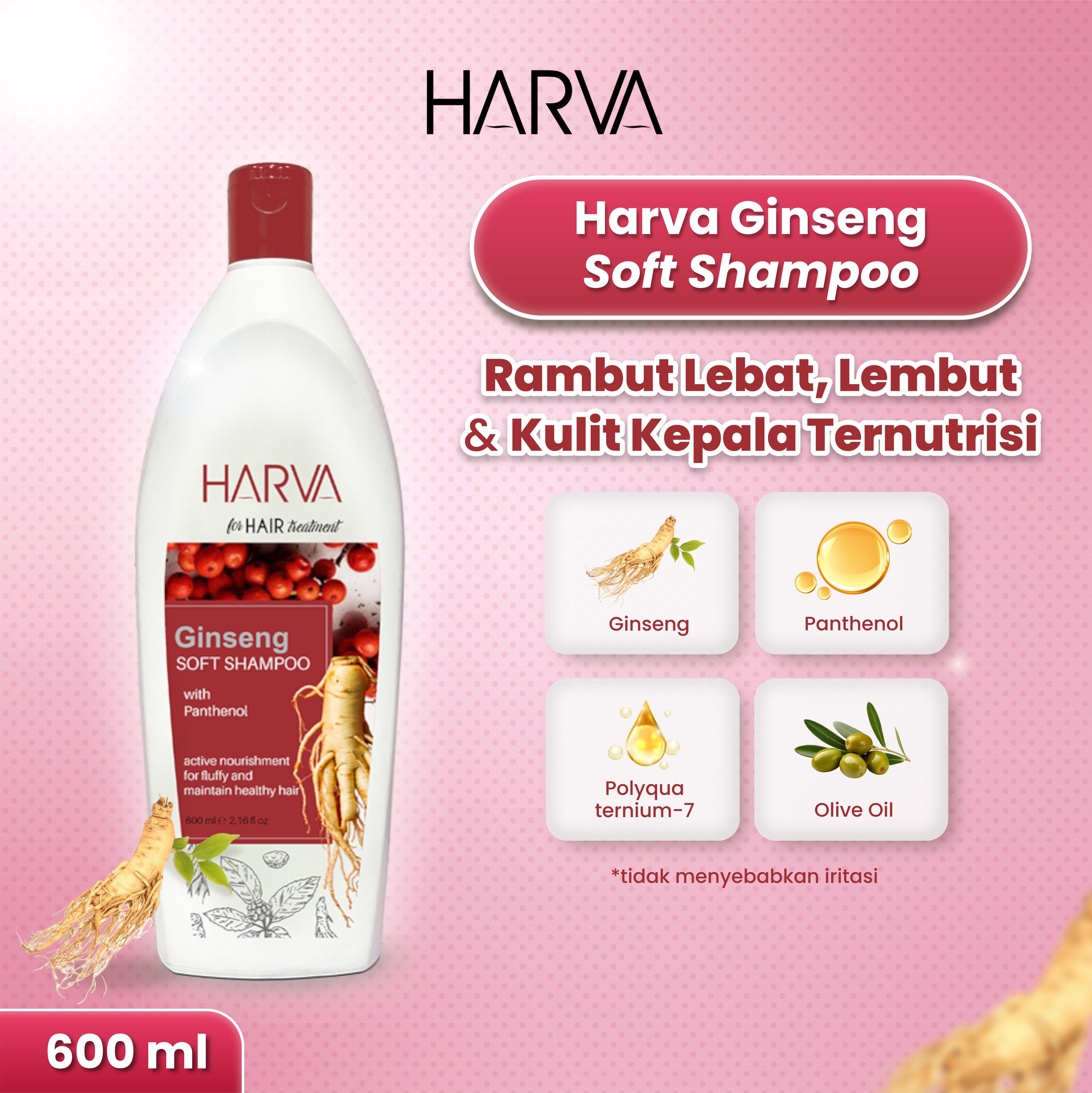 Harva Natural Soft Shampoo Ginseng 600ml - Sampo Perawatan Rambut Rontok Kering Ketombe Dengan Ginseng Vitamin & Silk Protein | Haircare Halal BPOM Conditioner Pemanjang