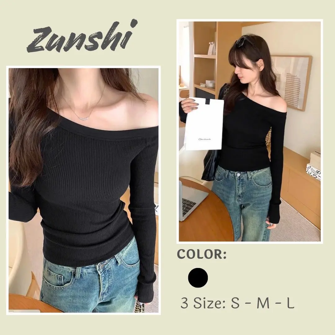 Áo trễ vai dài tay ZUNSHI thiết kế lệch vai ôm sát body tôn dáng sexy, áo thun chất gân dày dặn-ZU15