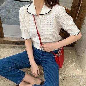 Vintage Short Lapel Hollow Knit Cardigan Jacket for Women Summer Thin Outerwear Ice Silk Short Sleeve Top