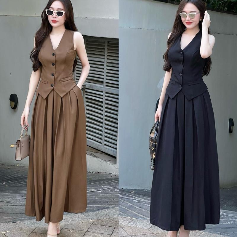  T70 - Set váy thiết kế xếp li dáng dài áo 2 lớp váy có túi Mộc She Nữ 