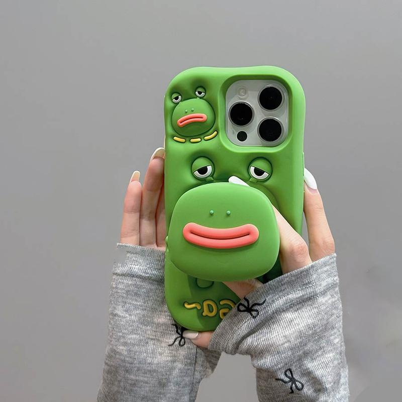 Ốp Điện Thoại Có Giá Đỡ Có Thể Gấp Gọn Hình Ếch Không Thể NÓI, Màu Xanh Lá Cây Vui Nhộn, Tương Thích Với iPhone 15promax, 14promax, 13promax, 12promax, 11promax, 15pro, 14pro, 13pro, 12pro, 11pro, 15, 14, 13, 12, 11