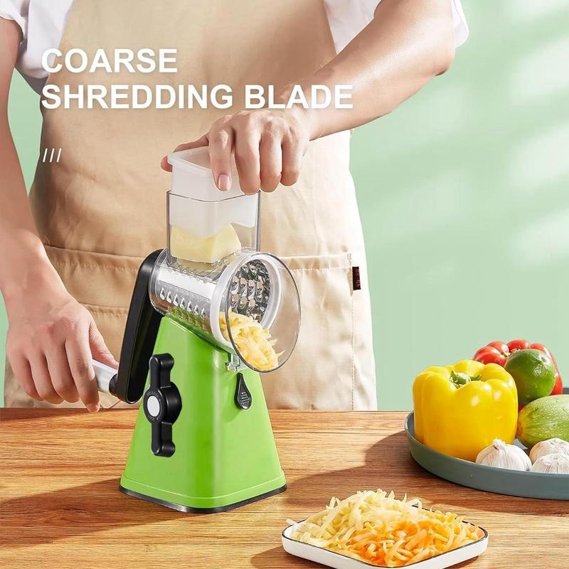 Product Introduction of Rotary Cheese Grater, Multifunctional Manual Vegetable Chopper with 3 Stainless Steel Interchangeable Blade, Hand Crank Vegetable Grater for Kitchen 3