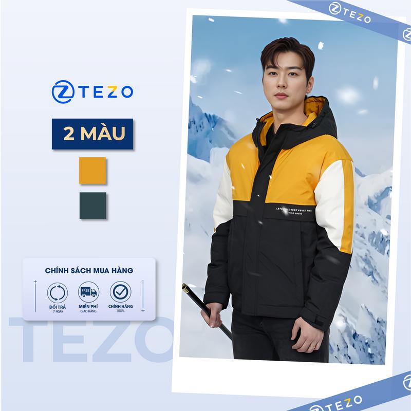 Áo phao lông vũ Tezo áo khoác áo phao đại hàn thiết kế phối màu vàng giữ ấm tốt 24APLV007