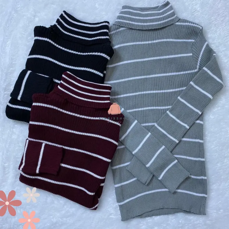 Basic Stripe Turtleneck Atasan Wanita/Atasan Rajut/Turtleneck Rajut Baju Panjang 2