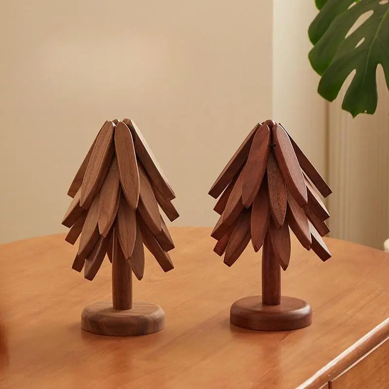 Wooden Tree Shaped Coaster, 6 Counts/set Including 5 Counts Coaster & 1 Count Base, Heat Resistant Placemat, Tableware Pad for Kitchen Dining Room