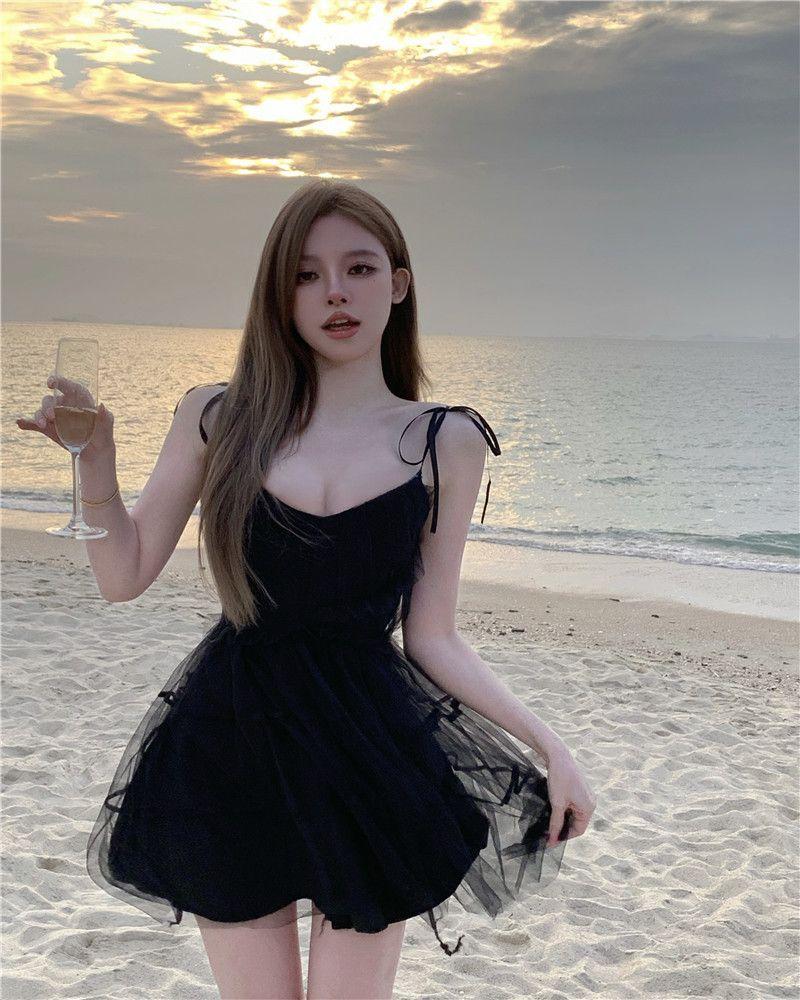 Product Introduction of #D2130# Sweet and Spicy Girl Mesh Sling Dress for Women Spring Black Ruffle Edge Short Skirt with Waist Closure Sexy Princess Fluffy Skirt Casual Womenswear Lingerie Lady Casual Wear Comfort Summer Basic Gowns 7