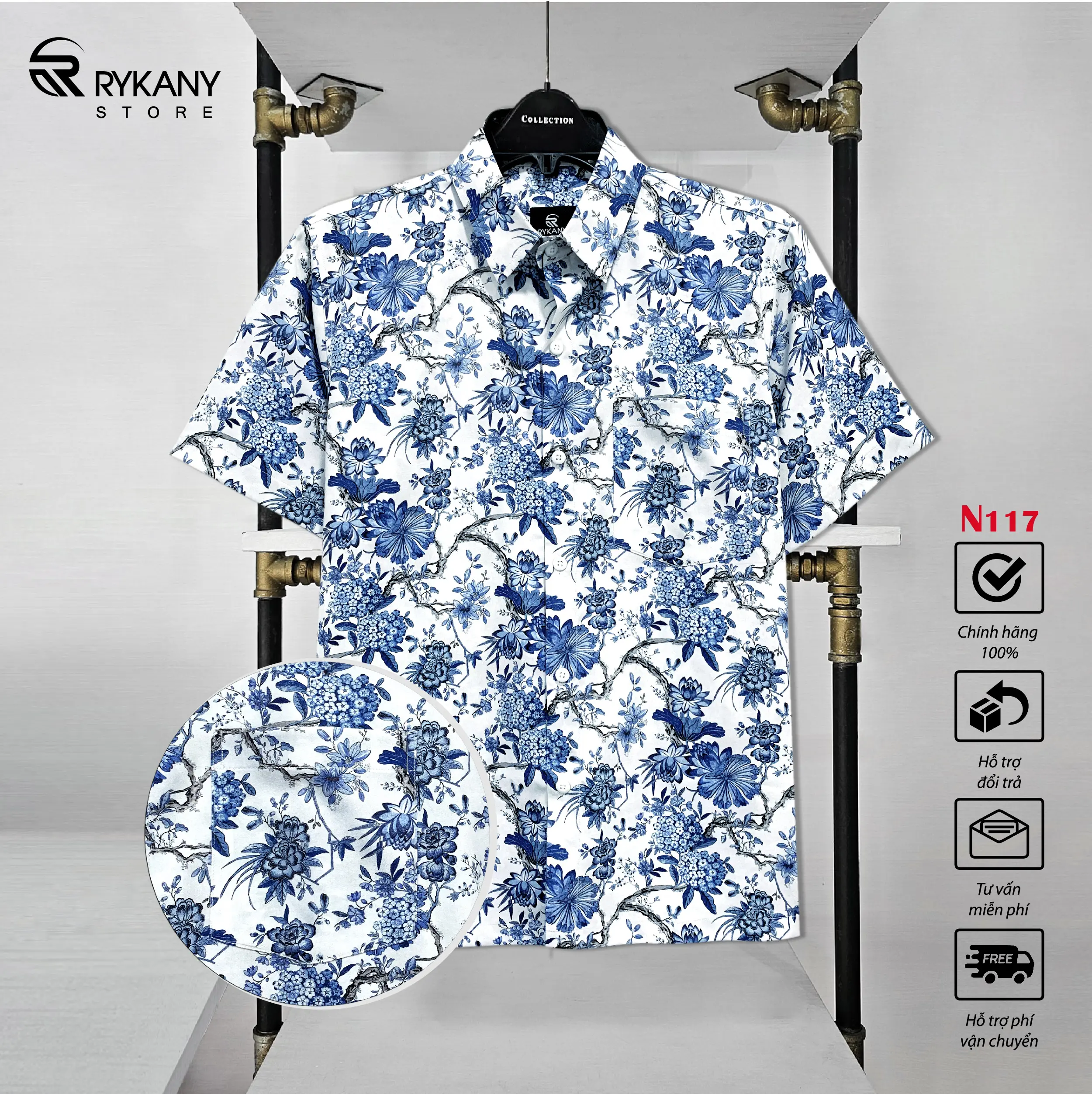 Áo sơ mi nam hoạ tiết tay ngắn 1 túi N117, vải lụa co giãn 2 chiều, thấm hút mồ hôi, Mềm, Mịn, Mát Menswear