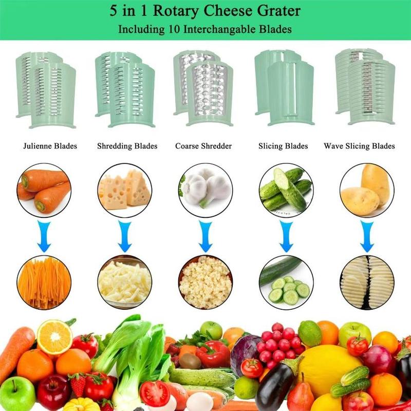 Product Introduction of Manual Rotating Cheese Grater, 1 Count 5 in 1 Replaceable Stainless Steel Blade Vegetable Chopper with Blade Storage Box, Multifunctional Vegetable Slicer for Home Kitchen Dining Room Picnic,  Kitchen Gadgets 2