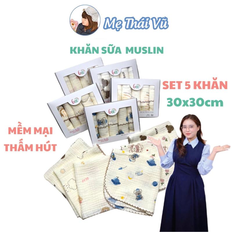 DEAL ĐỘC QUYỀN COMBO 3 HỘP Set 5 khăn sữa muslin Gee 2 lớp, khăn xô mềm mịn mát, thấm hút, an toàn cho bé (30x30cm) Mẹ Thái Vũ khăn sữa Cotton
