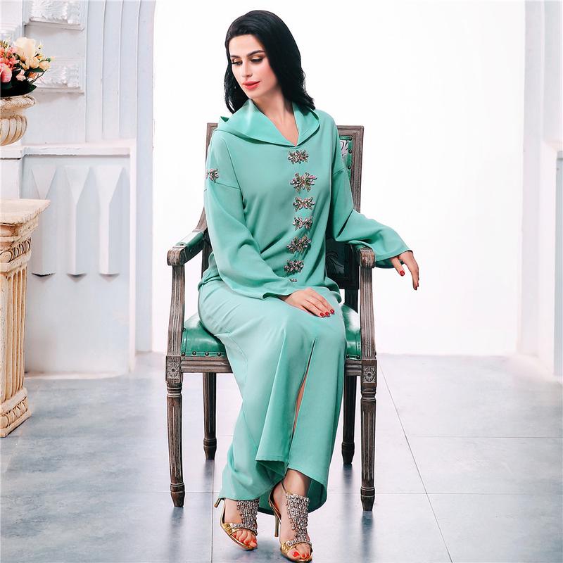 Product Introduction of Ba302 Water Green Hand-Stitched Glass Diamond Decorations Hooded Robe Middle East Southeast Asia Women's Robe 10