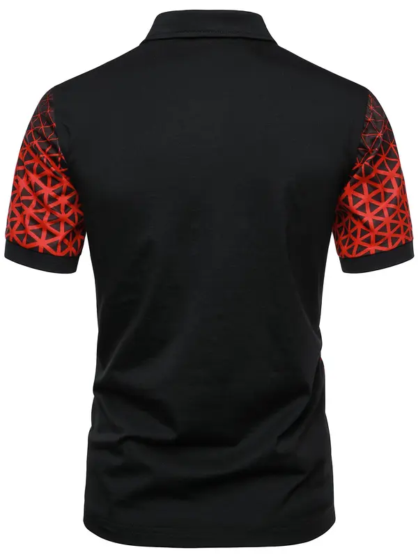 Men's Regular Fit Ombre Geometric Print Short Sleeve Polo Shirt, Casual Button Front Half Placket Collared Top for Spring & Fall, Fashion Men's Clothes for Daily Wear 1