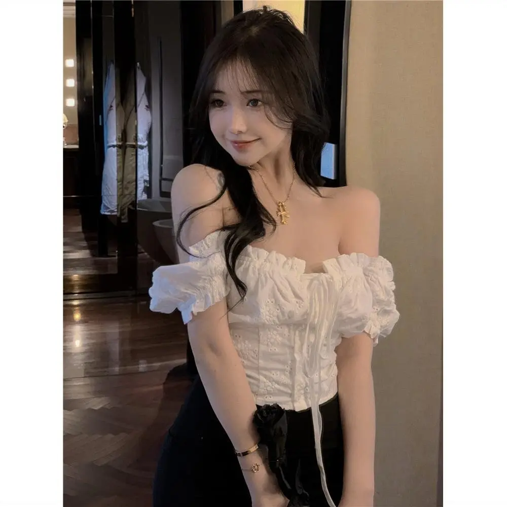 Áo Cánh Thêu, Phong Cách Pháp, Cổ Áo Một Dây, Buộc Dây, Ngắn Tay, Áo Sơ Mi Cropped Xén, Dành Cho Nữ, Trang Phục Mùa Hè Gợi Cảm Top Women