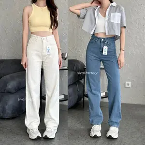 SIVALI Dax Jeans - Celana Jeans Wanita Highwaist Straight Cut Panjang Korea Loose Premium Quality S-XXL Cream Kantong Nyaman Soft Karet Stretch Pendek Hitam Samping Kerja Kancing Cewek