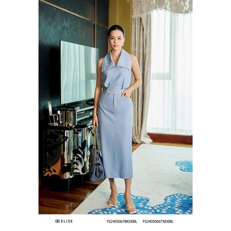 Chân váy xanh da trời xẻ sau thiết kế Elise mã sản phẩm FS2405067BKDEBL