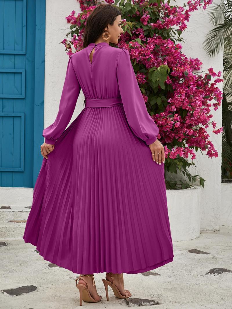 Product Introduction of Women's Solid Belted Pleated Dress, Elegant Bishop Sleeve Keyhole Back A Line Dress for Spring & Fall, Women's Clothing for Wedding Guest, Dresses for Women 4