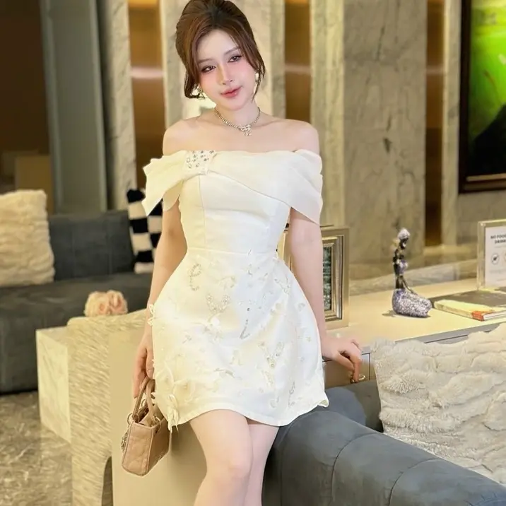 Váy thiết kế- váy taffta trễ vai phối tơ đính đá hoạ tiết khâu thủ công dáng A nữ dáng ngắn Women 1
