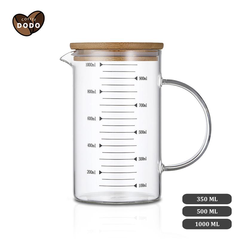 Cốc đong thuỷ tinh chia vạch 350ml 500ml 1000ml Ca đong định lượng nắp gỗ Ly đong thủy tinh chịu nhiệt Pha cà phê DODO