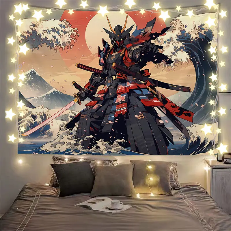 Chất liệu hoạt hình, Thiết kế hình minh họa Samurai Ukiyo-E, Thích hợp cho trang trí phòng ngủ và nhà ở, Vải nền cho cho thuê, Vải treo, Chăn